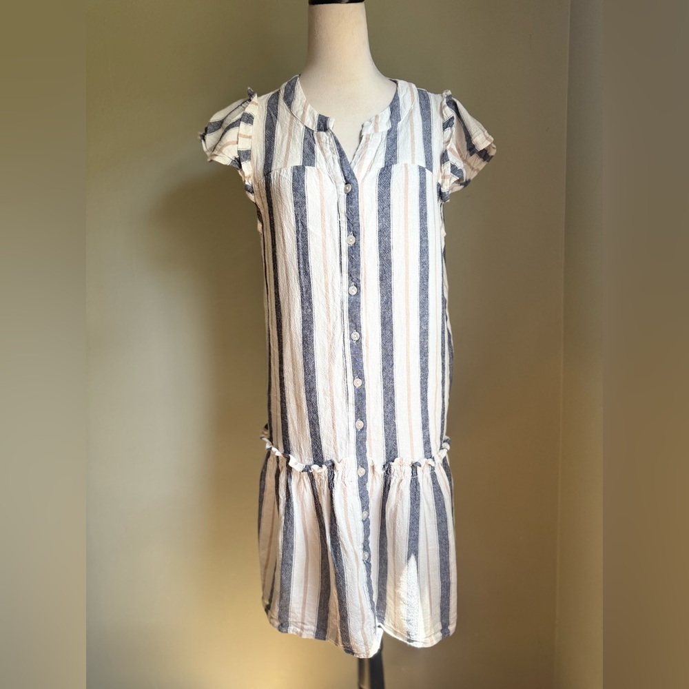 Cynthia Rowley Blue cream Striped Mini Dress linen blend boho cottagecore medium